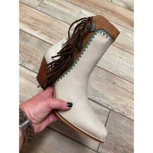 NEW ARIDER women's fringe denim boots with conchos in cream and turquoise